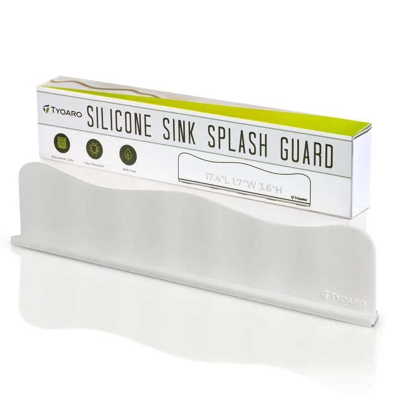 White silicone splash guard with curved profile and suction-cup base, 17.4 x 1.7 x 3.6 inches