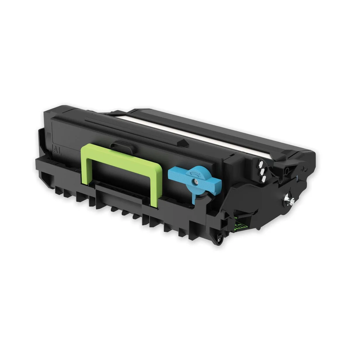 Black rectangular toner cartridge with matte finish and green pull tab