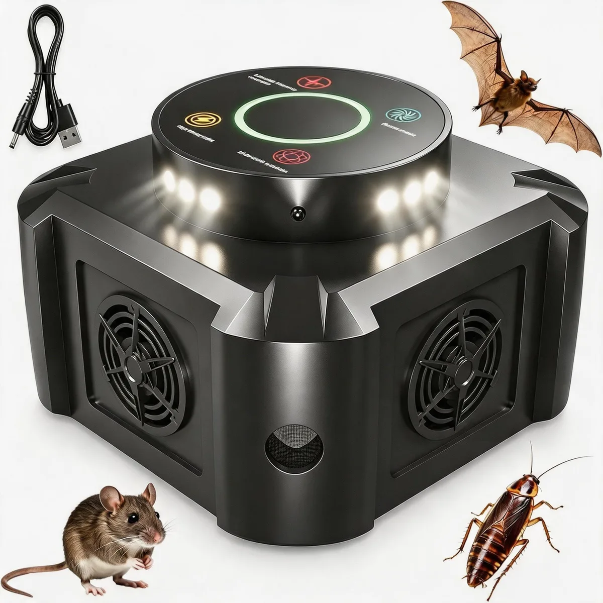 Black plug-in pest repeller with twelve strobe LEDs and LED display