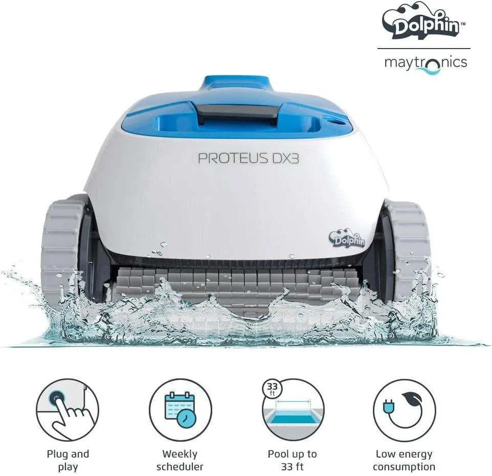 White rectangular robotic pool cleaner with blue floating cable and top carry handle