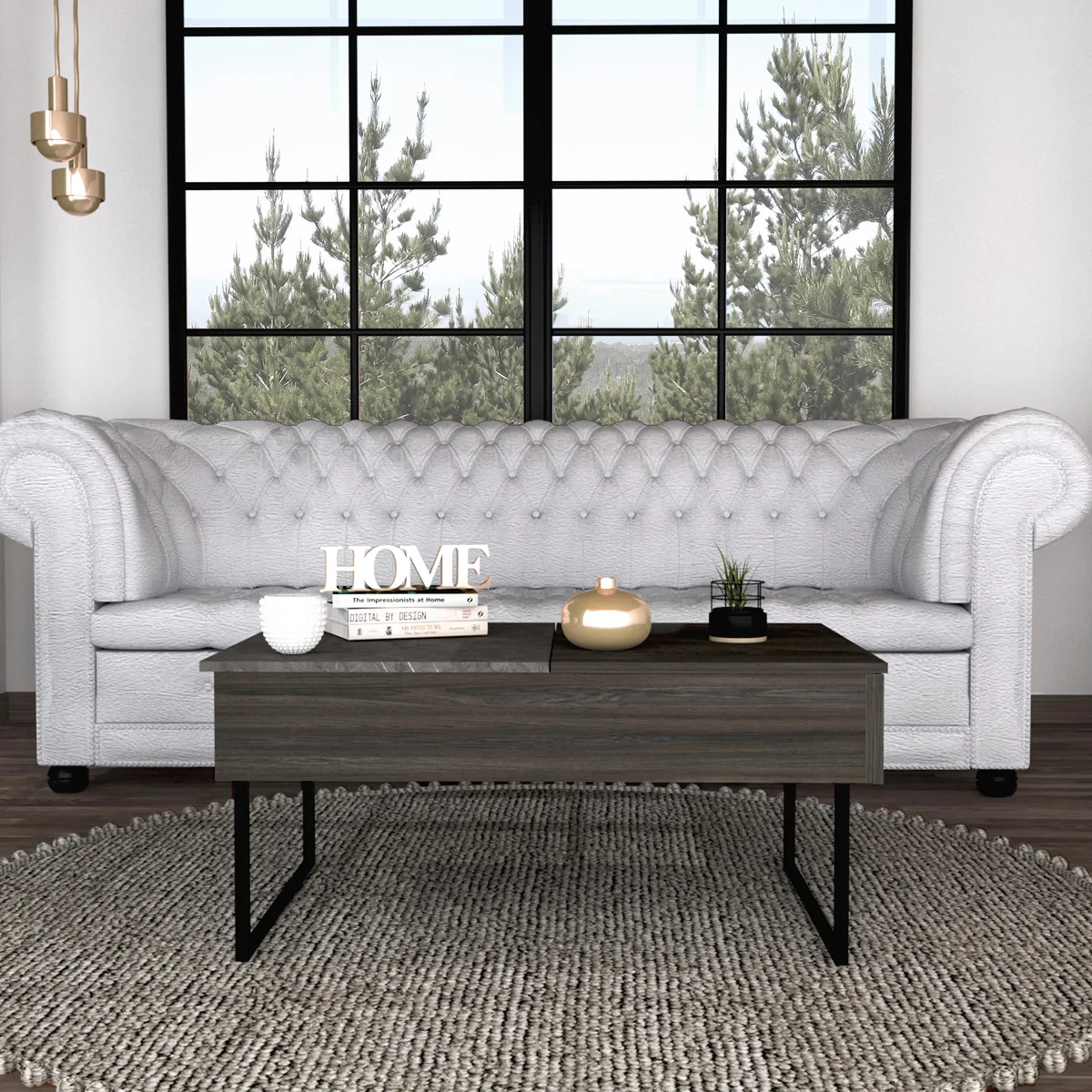 Rectangular lift-top coffee table in carbon espresso onyx finish with four metallic legs