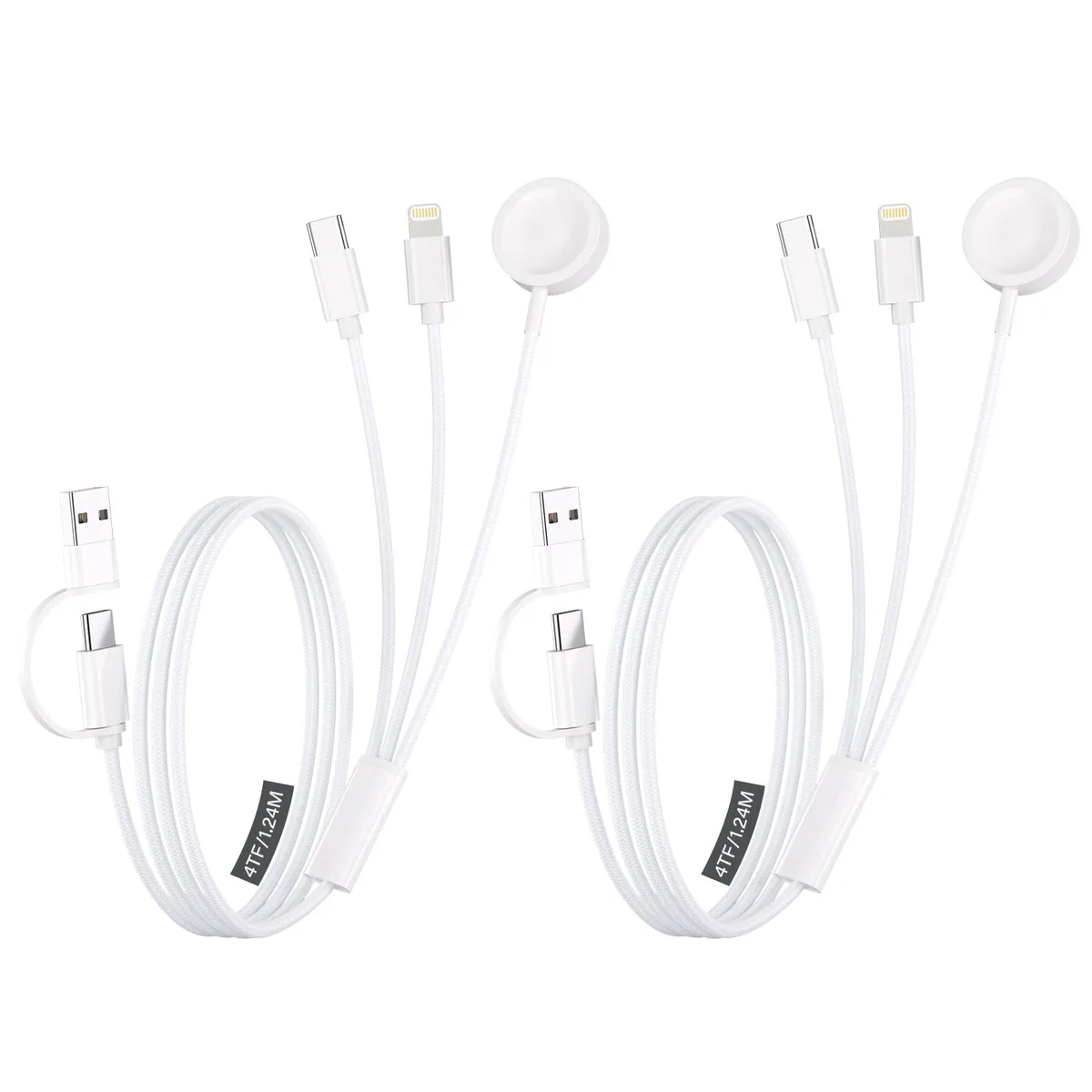 Two white 4-foot cables with USB-C, USB-A, Lightning and Apple Watch magnetic connectors