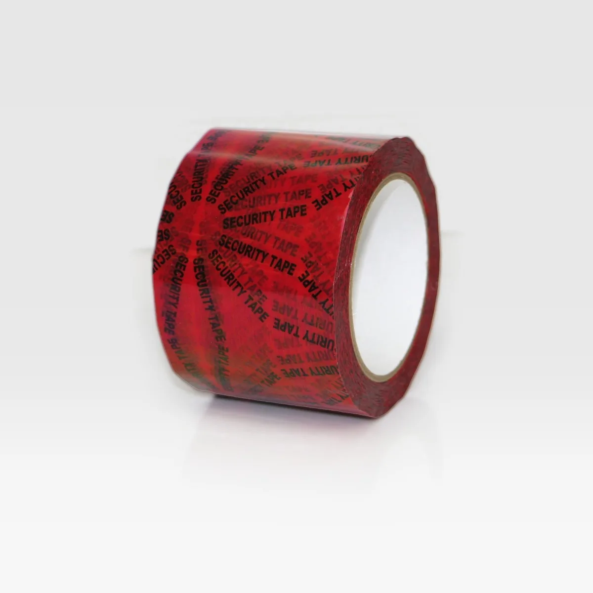 Red BOPP security tape roll printed with black diagonal SECURITY legend 72 yds
