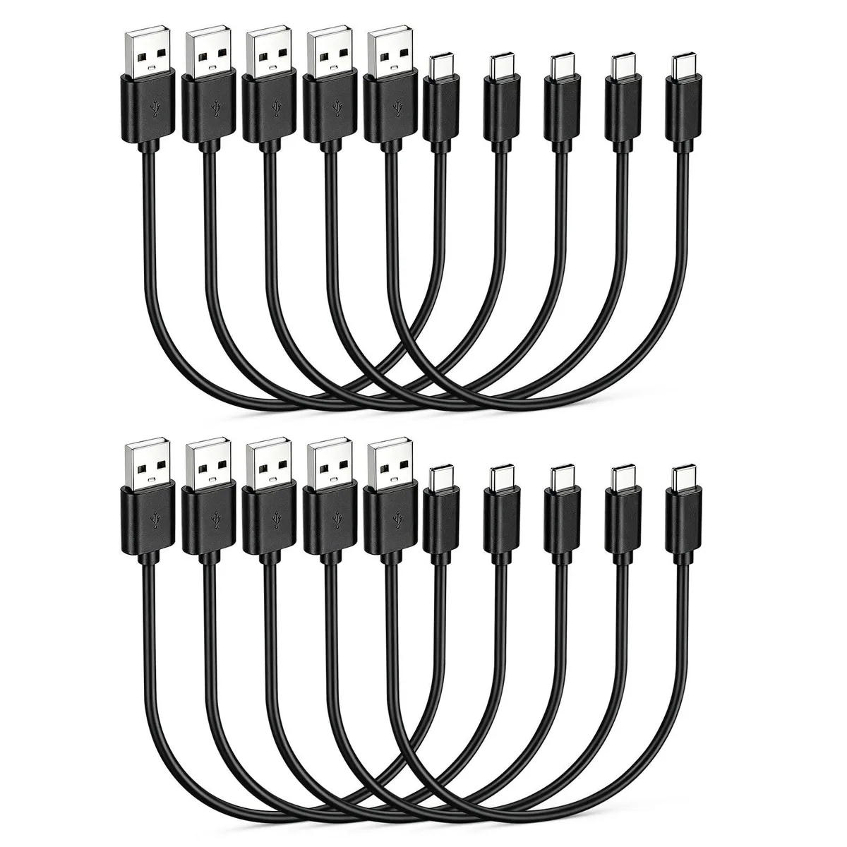 Ten black USB-A to USB-C cables, each six inches long