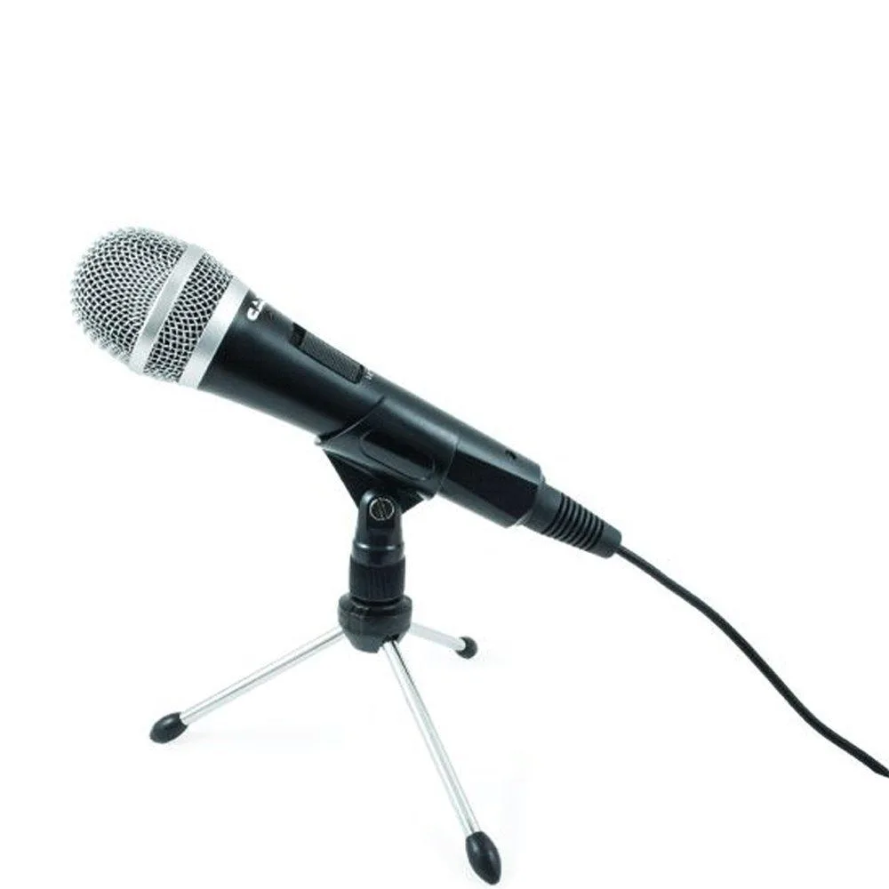 Silver cylindrical USB dynamic microphone on desk stand with pop filter