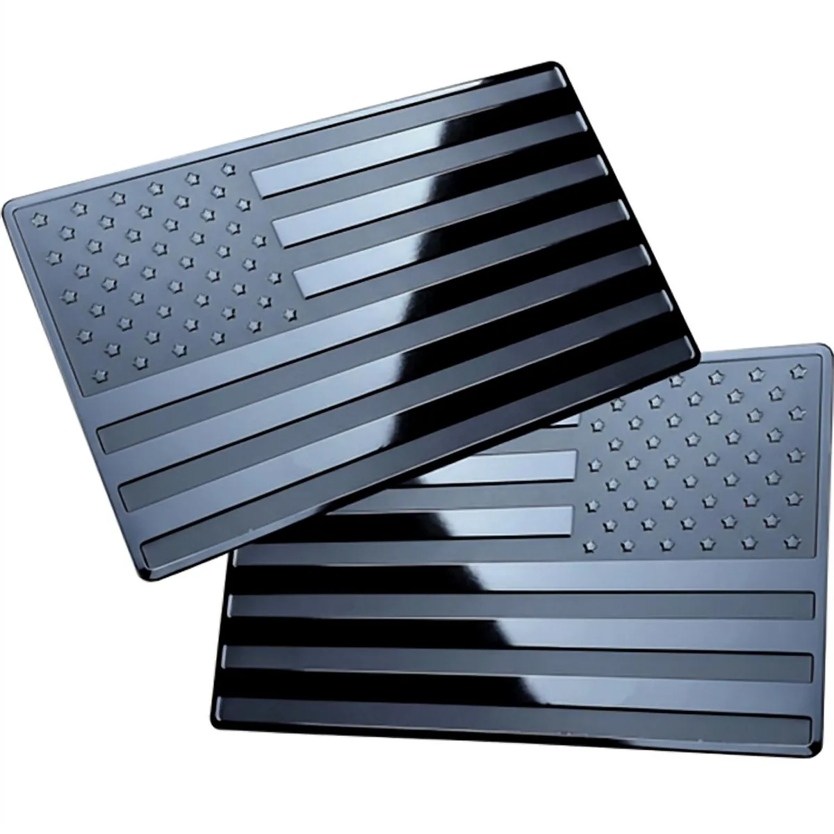 Two black metal USA flag stickers chrome finish self-adhesive