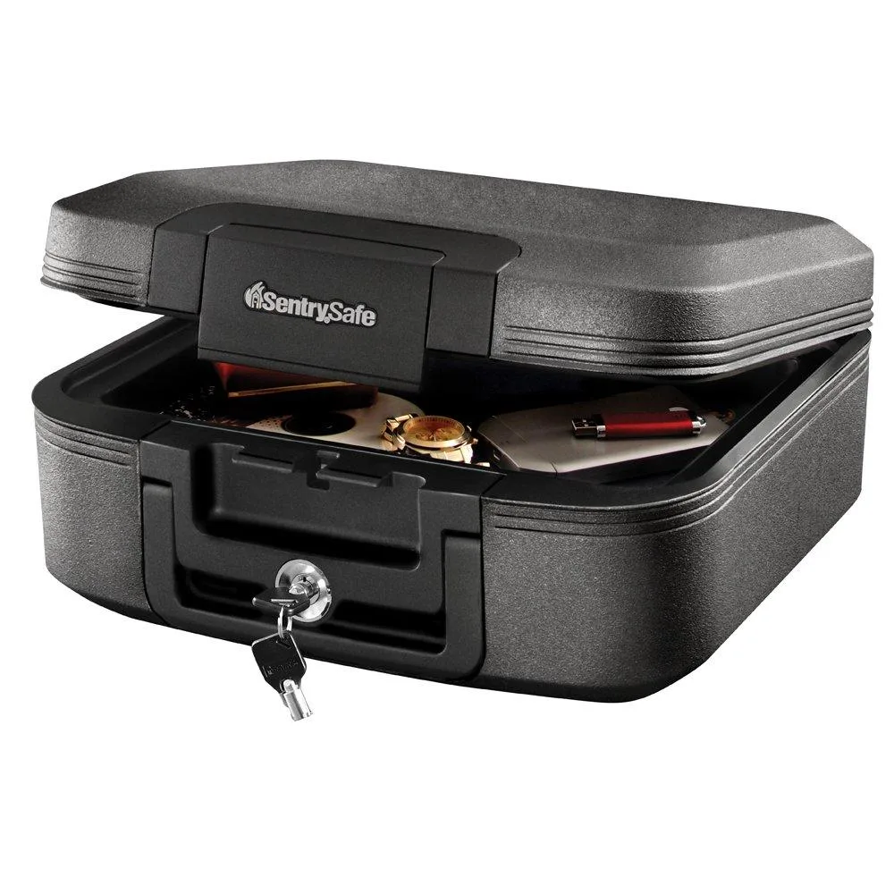 Rectangular charcoal-gray safe with carry handle and tubular key lock