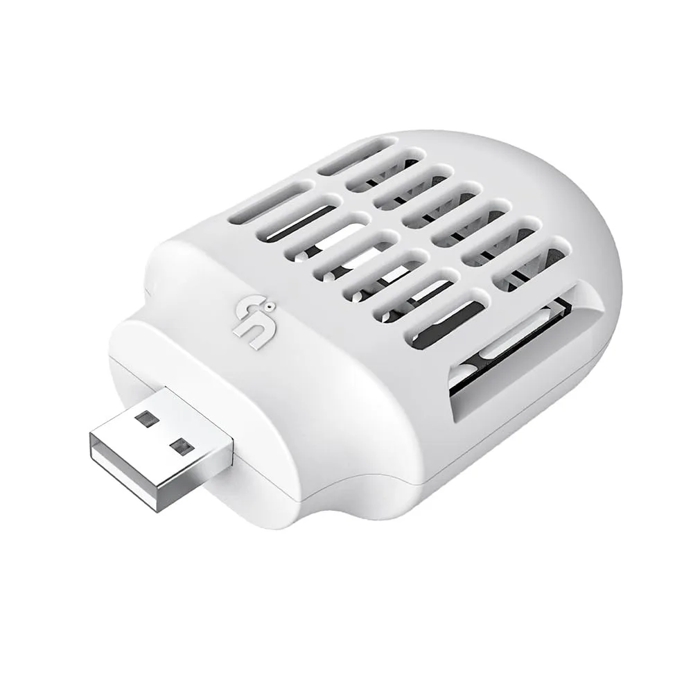 Compact white USB mosquito repeller with refill pack visible
