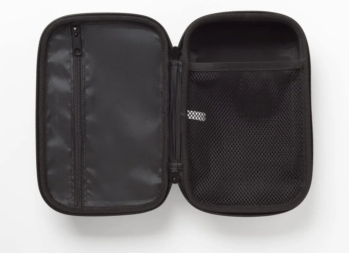 Black EVA hard case 9.4 by 6.1 inches with zip and handle
