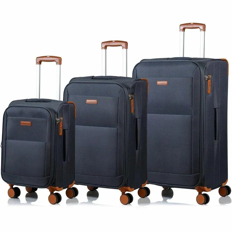 Three grey softside spinner suitcases in 1200D nylon, nested together