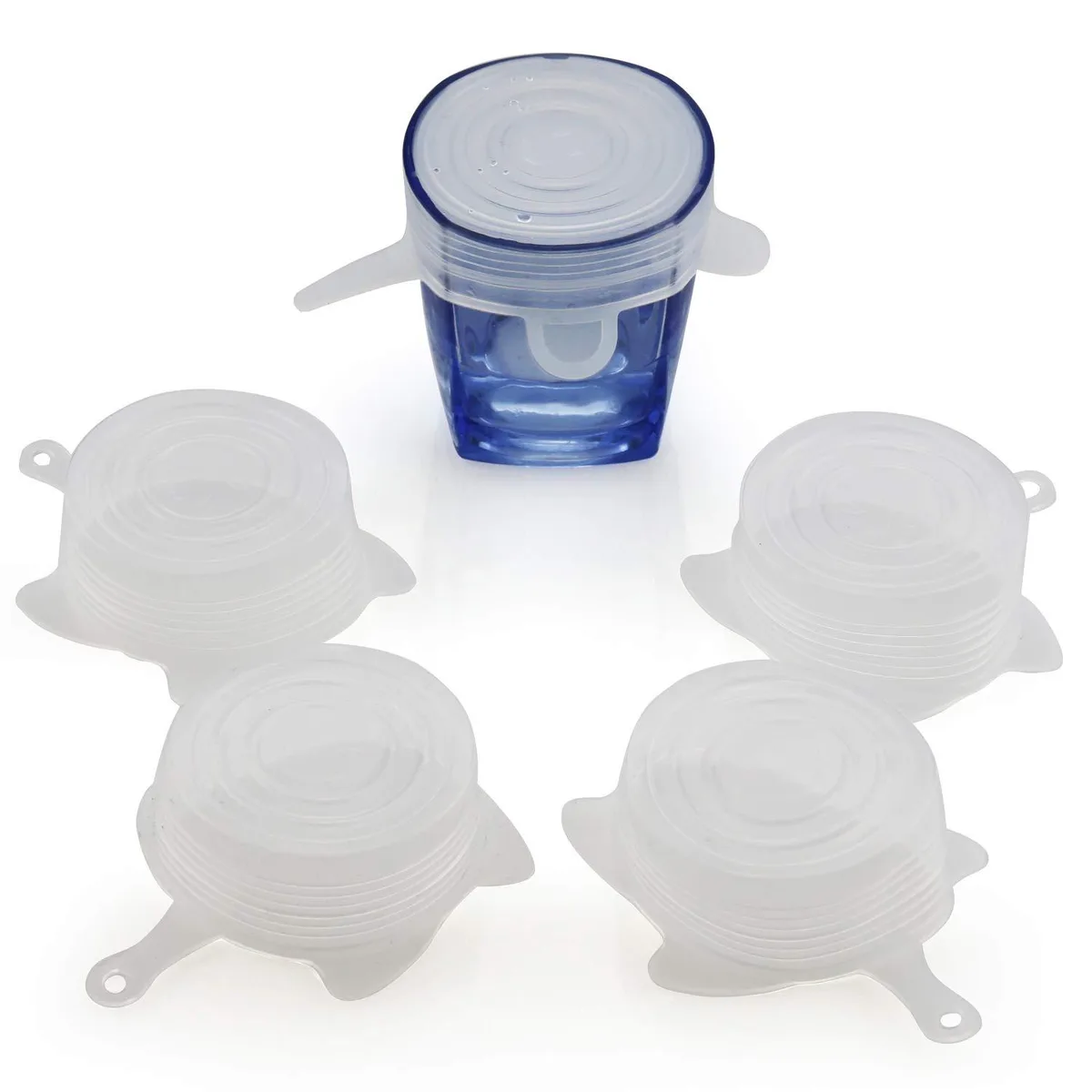 Five small circular silicone lids in a stack, each 2.5 inch diameter stretching to 3.4 inch, translucent matte finish