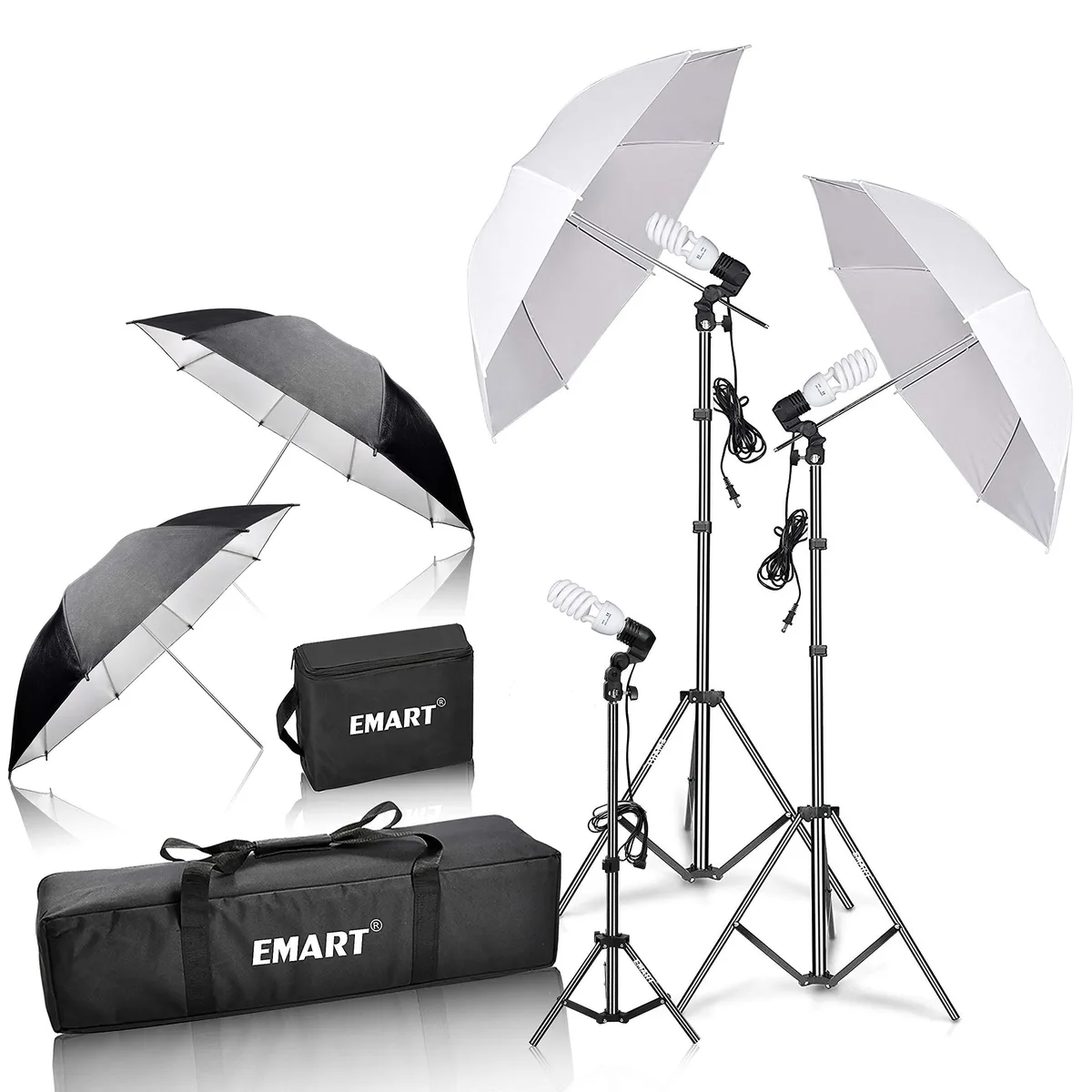  EMART EM-ULK45 Umbrella Lighting Kit, 3×45W 5500K CFL, 2×83" + 1×33" Stands, White/Black Umbrellas, Carry Case — product photo