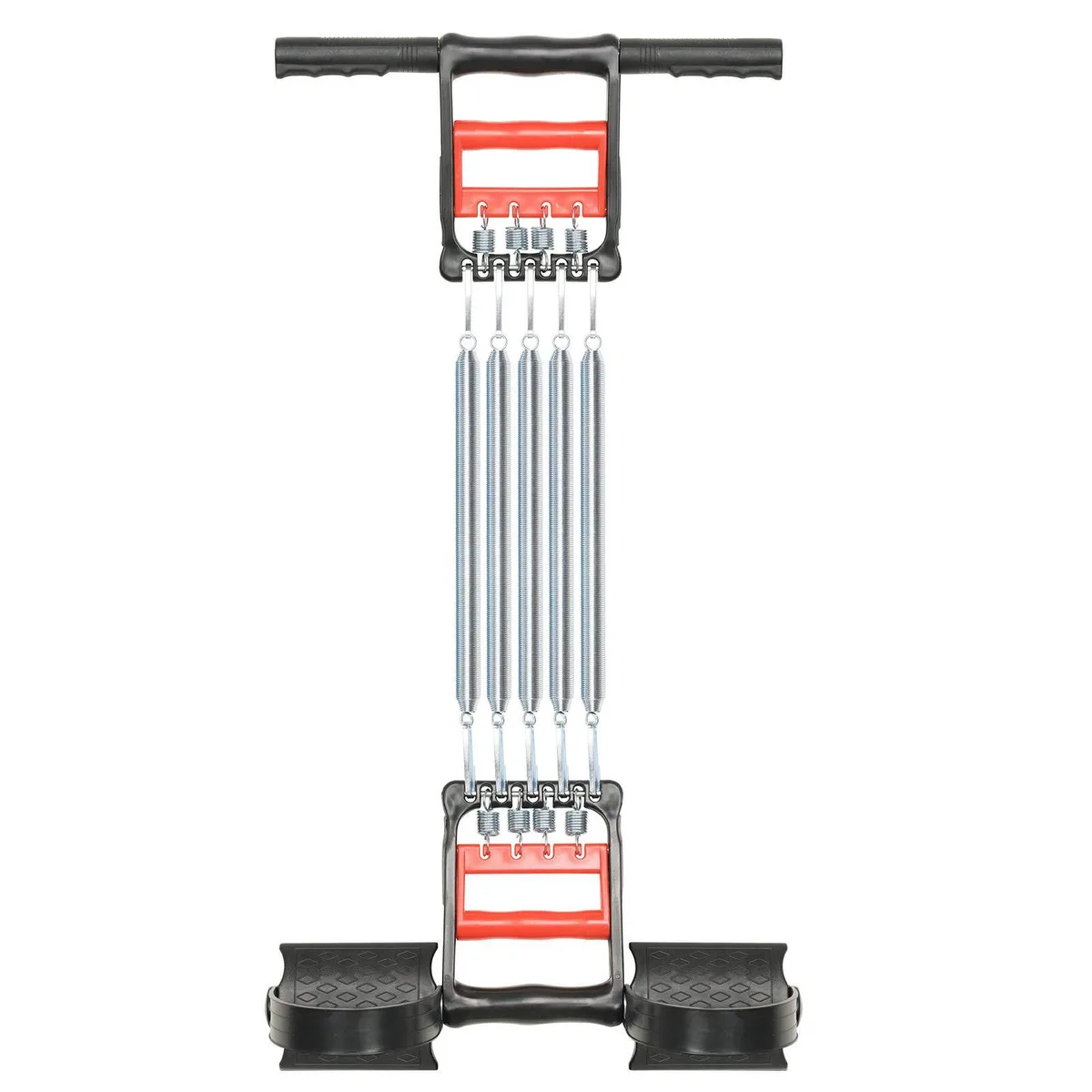 Black compact 3-in-1 exerciser with five metal springs, rubber handles and foot pedals