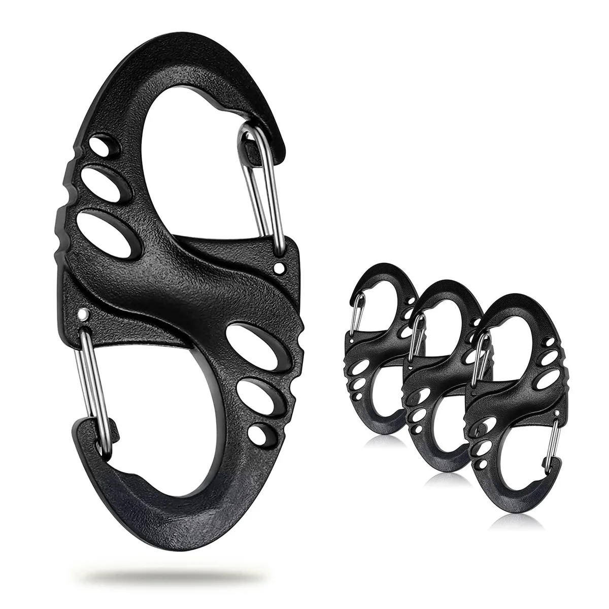 Twelve small black plastic S-shaped carabiner clips with wire gates on a plain background