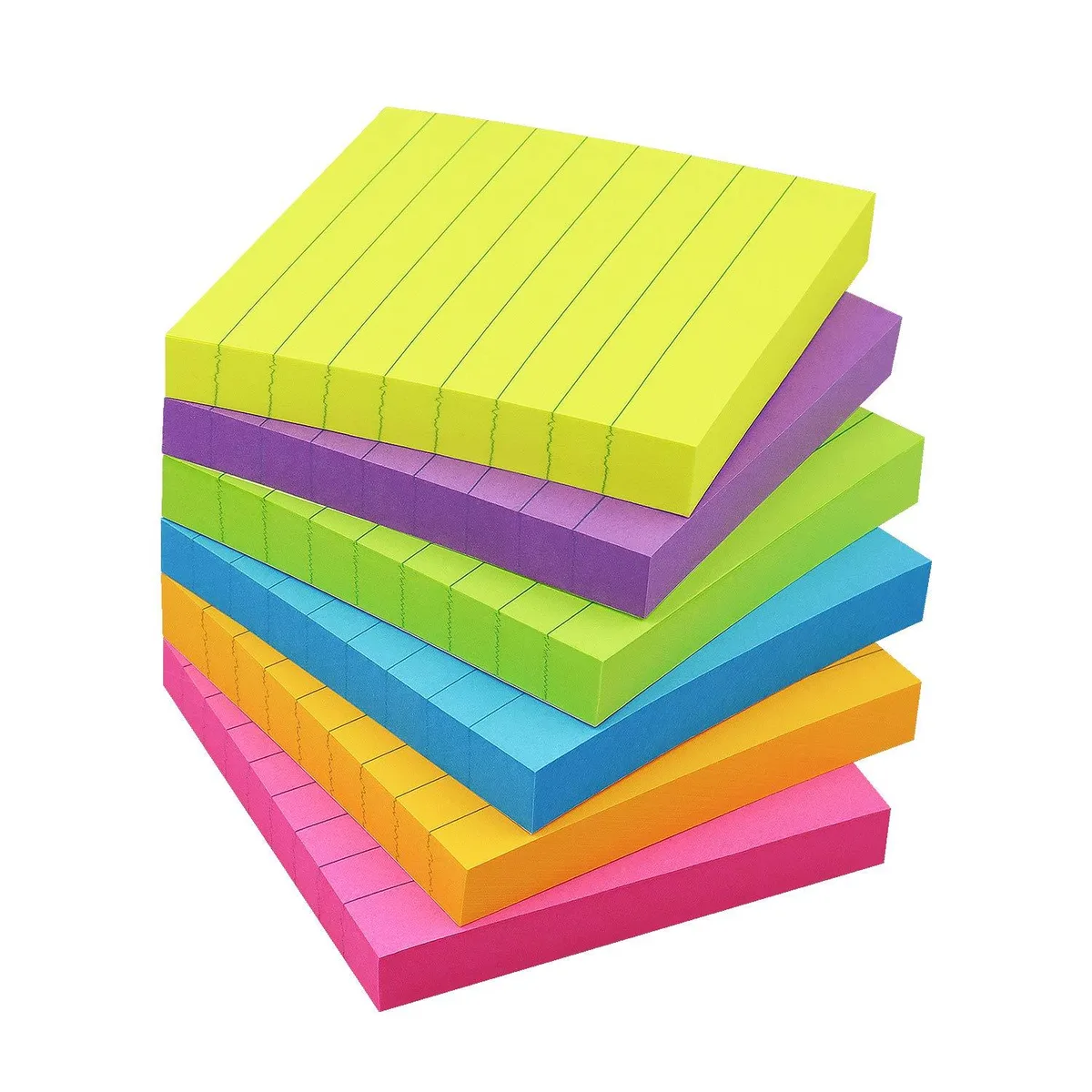 Six square pads of lined sticky notes in bright colours, each pad three inches by three inches