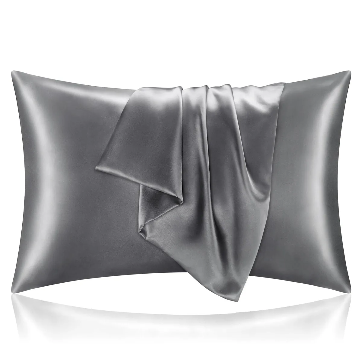 Two dark grey satin pillowcases with envelope closure, 20 by 30 inches