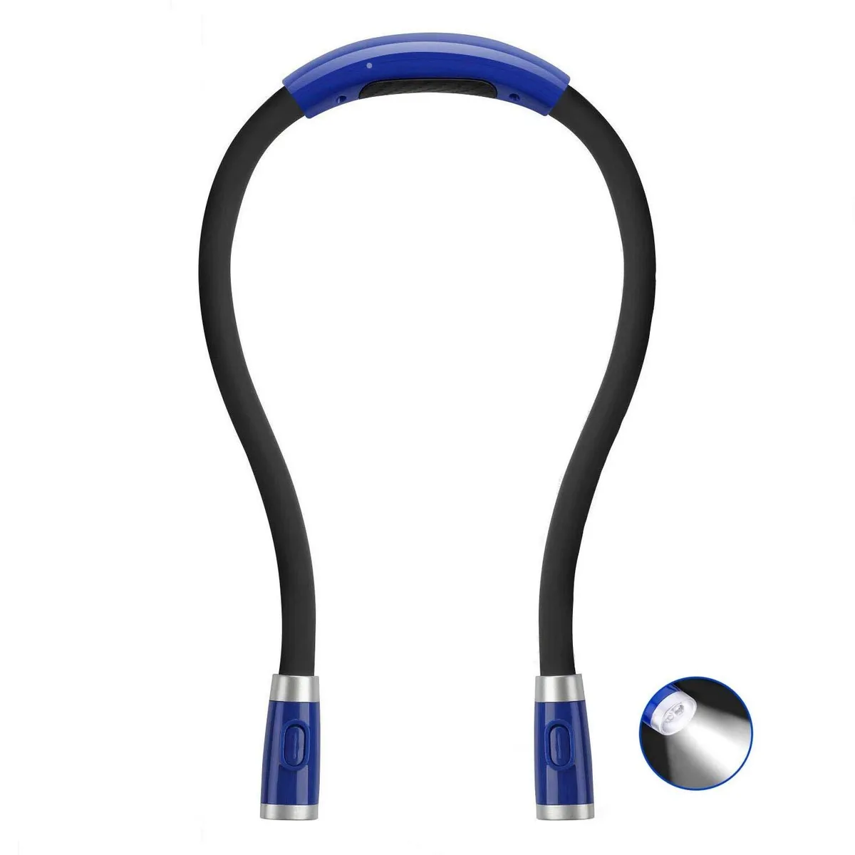 Blue rechargeable LED book light with two flexible silicone arms and four LEDs