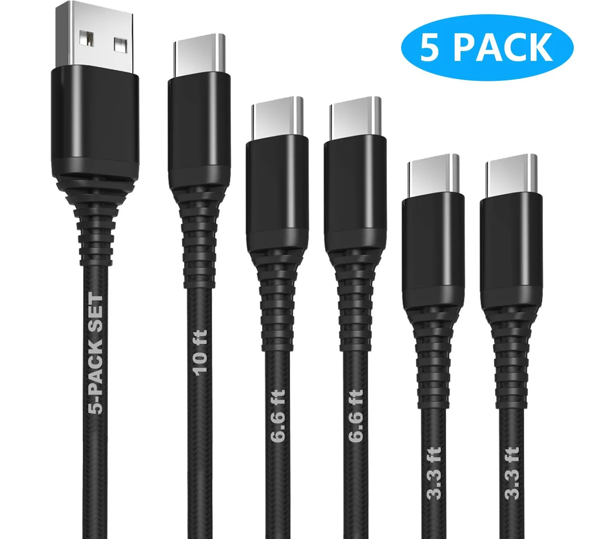 IHDAPP IHDAPP 5-Pack USB Cable 3.3ft 3.3ft 6.6ft 6.6ft 10ft QC 3.0 3.1A 60W USB A to USB C Nylon Braided Black — product photo