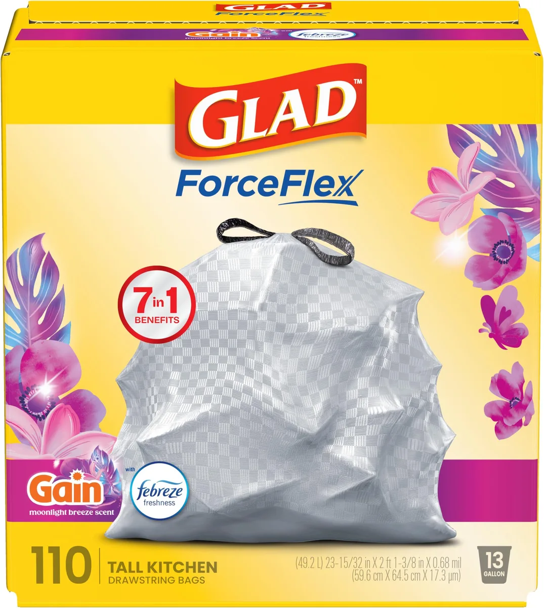 Glad ForceFlex Tall Kitchen Trash Bags 13 Gallon Gain Moonlight Breeze 110 Count — product photo