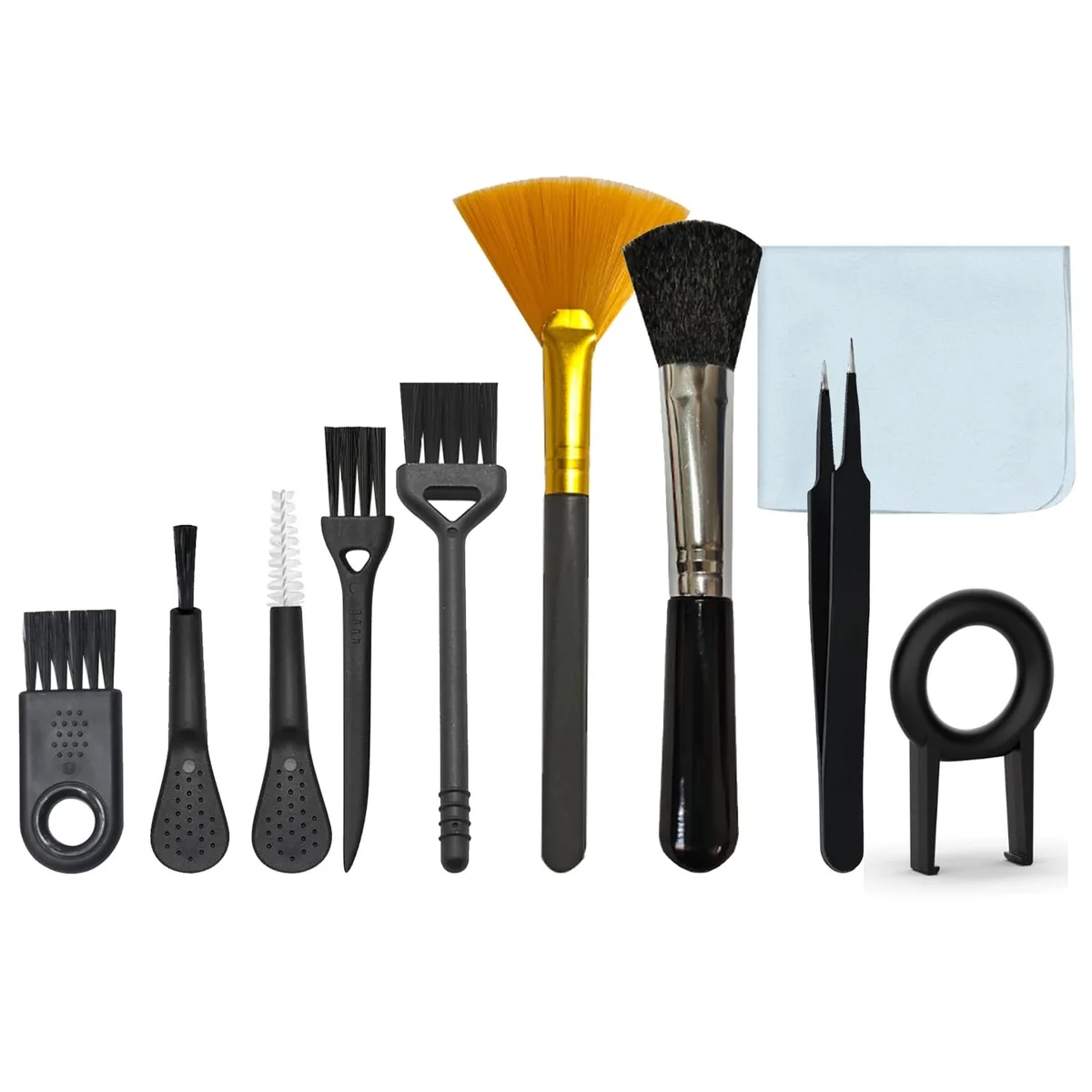 Ten-piece cleaning kit with seven nylon brushes, tweezer, keycap puller and cloth