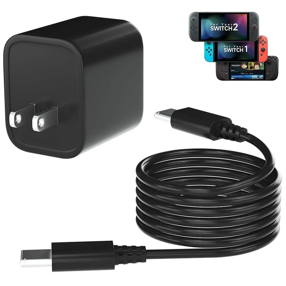 White rectangular 60W USB-C charger with ten-foot cable and US plug