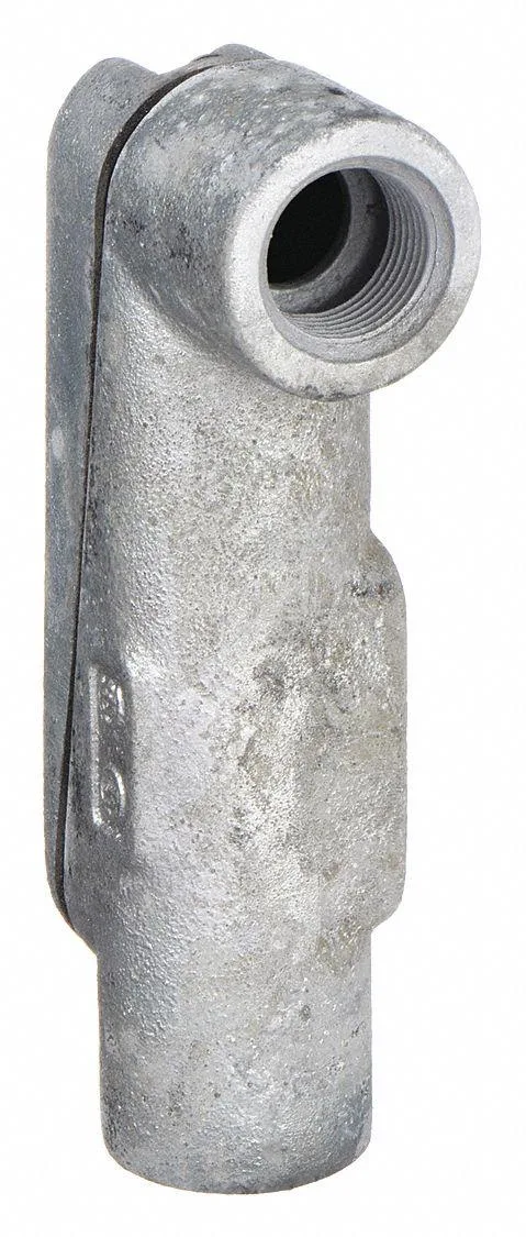 Gray iron LB conduit outlet body with threaded hubs and flat back, powder-coated finish