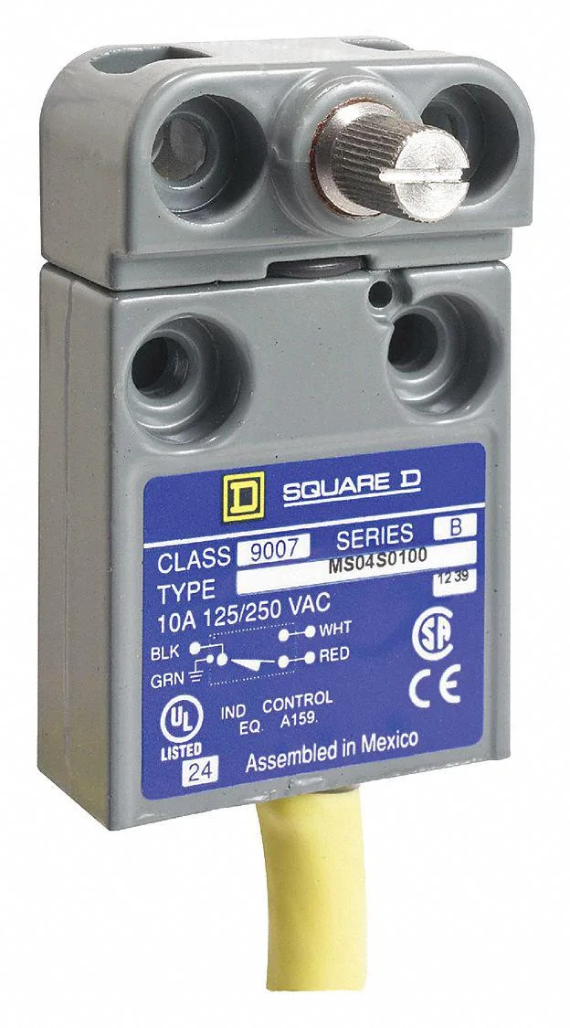 Compact rectangular limit switch with side rotary actuator, matte industrial finish