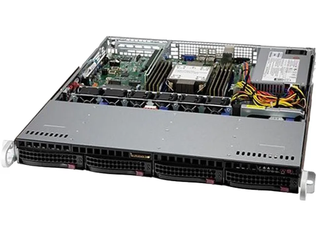 Silver 1U rackmount server chassis with four front drive bays and single power supply