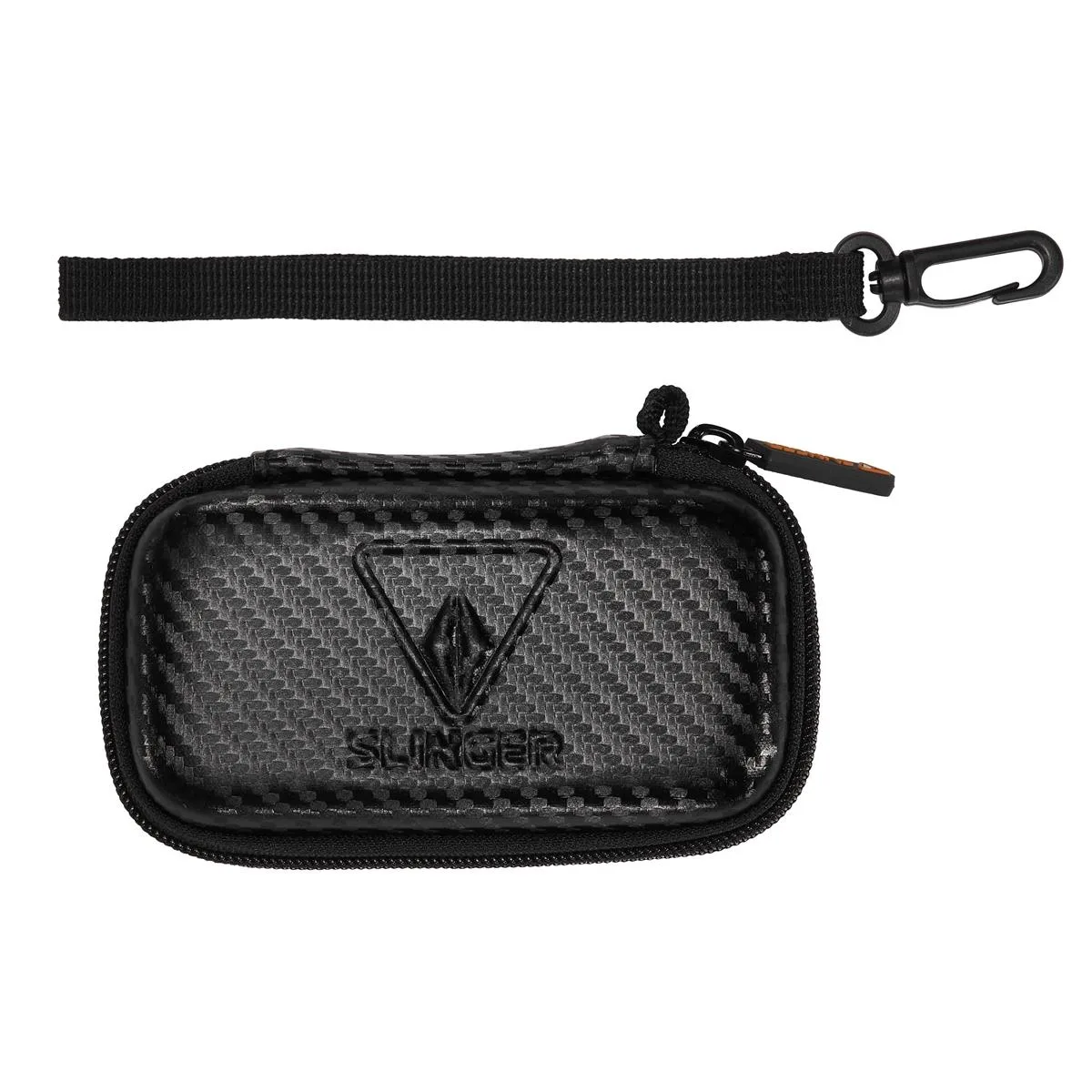 Black polyester wallet with zip closure and belt loop, holds twelve memory cards in elastic pockets