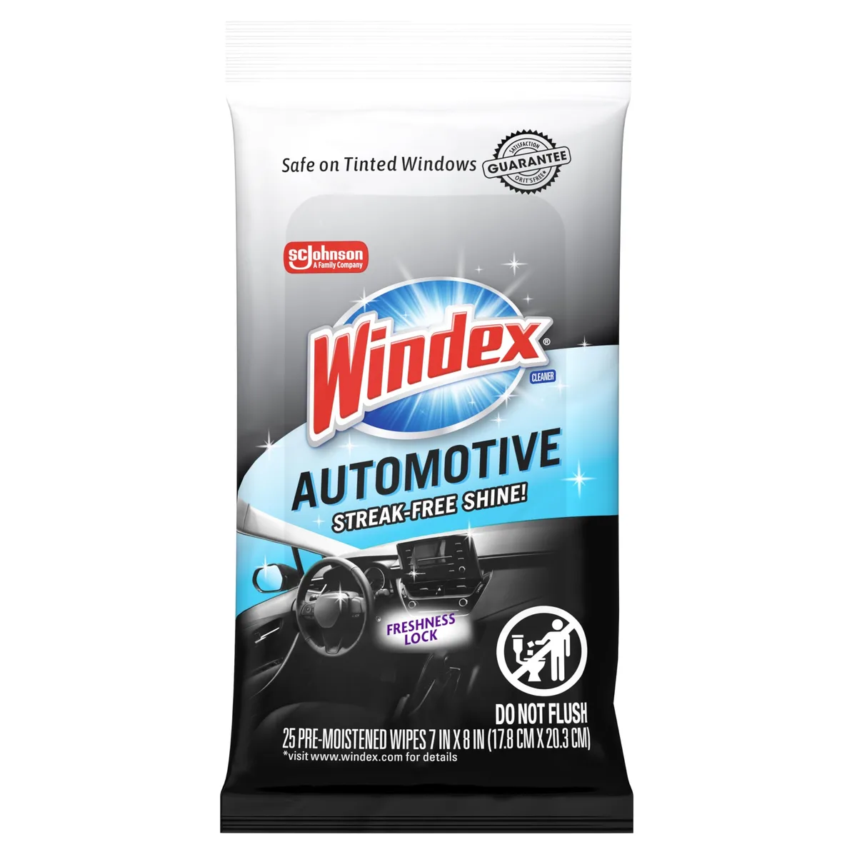 Blue rectangular resealable pack containing 25 pre-moistened automotive cleaning wipes