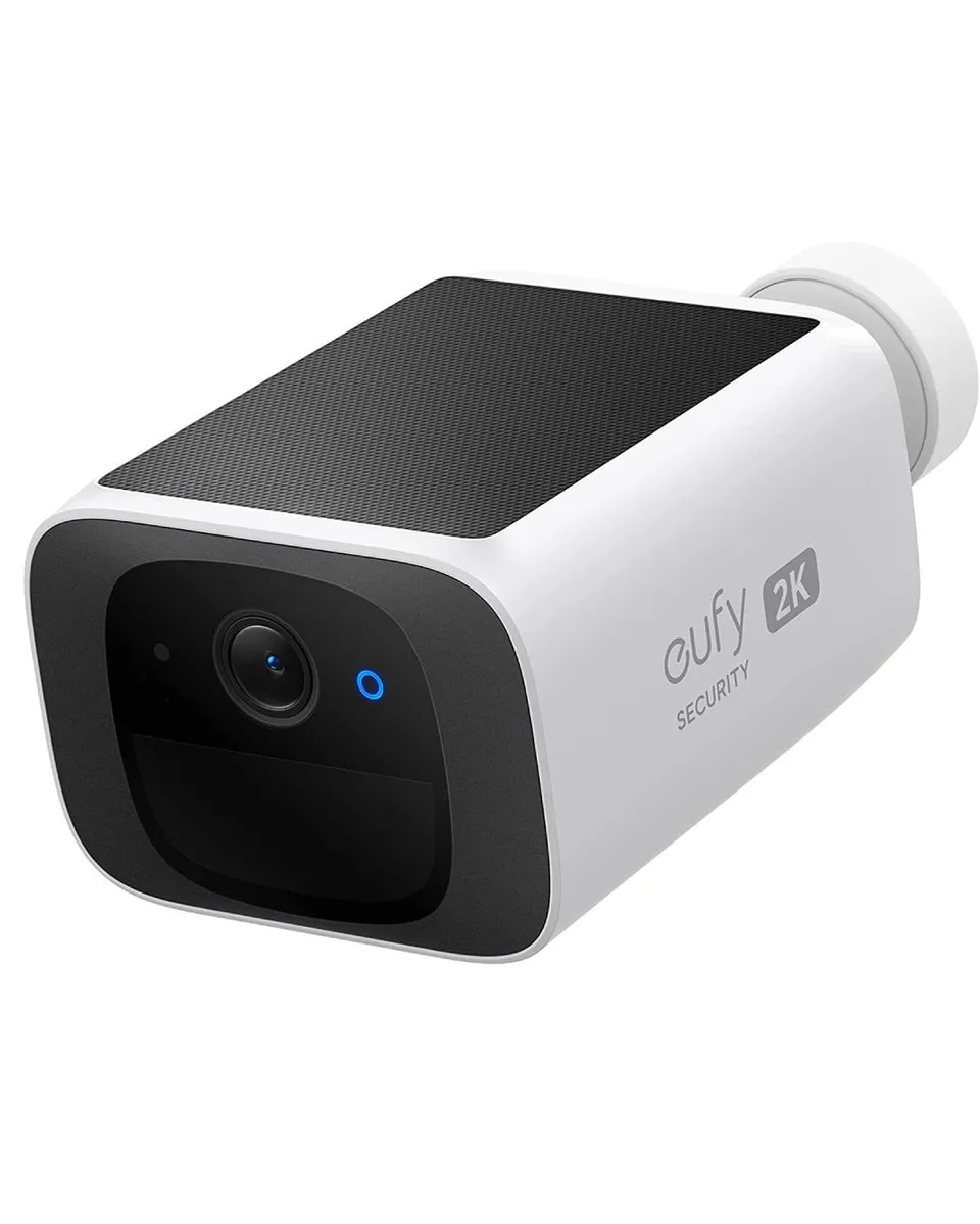 White rectangular wireless outdoor camera with integrated solar panel on top, compact 96.5×81×57.5 mm body weighing 320 g