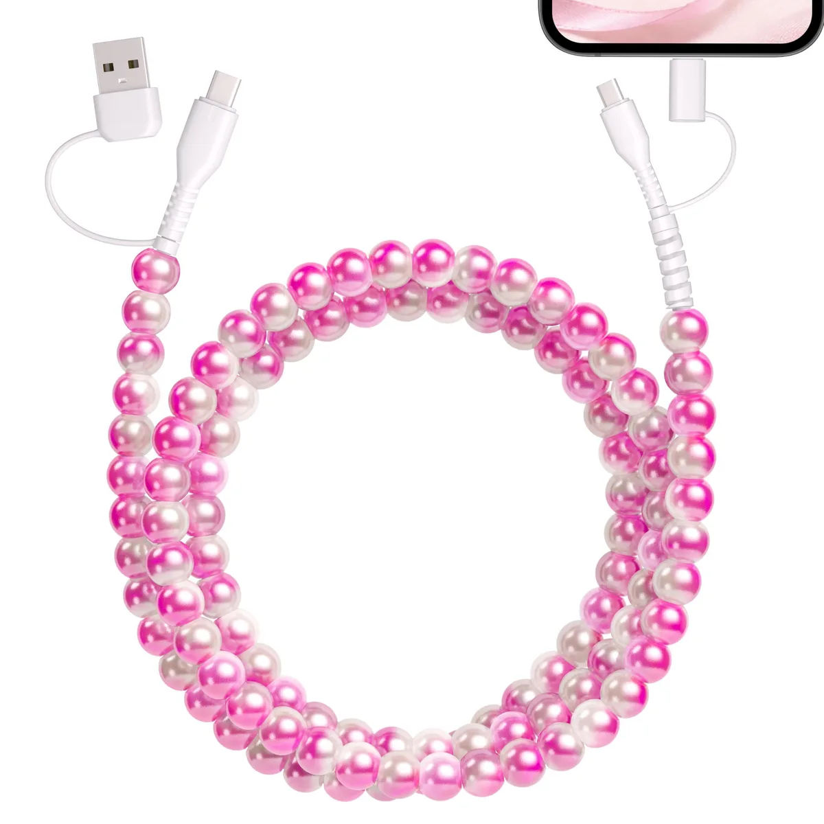 Orange 4-in-1 multi charging cable with beaded pearl accents and USB connectors