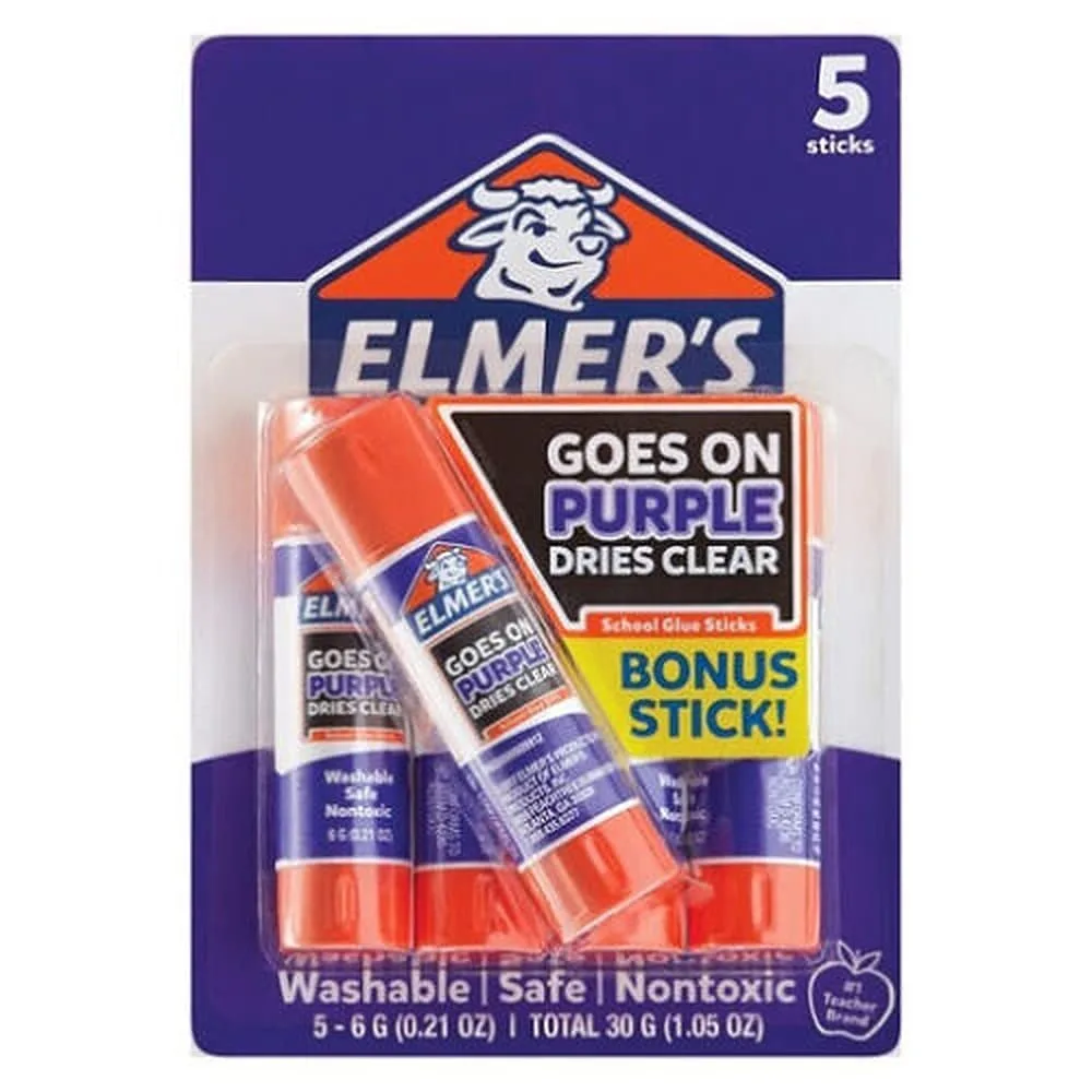 Five purple glue sticks in a rectangular cardboard pack