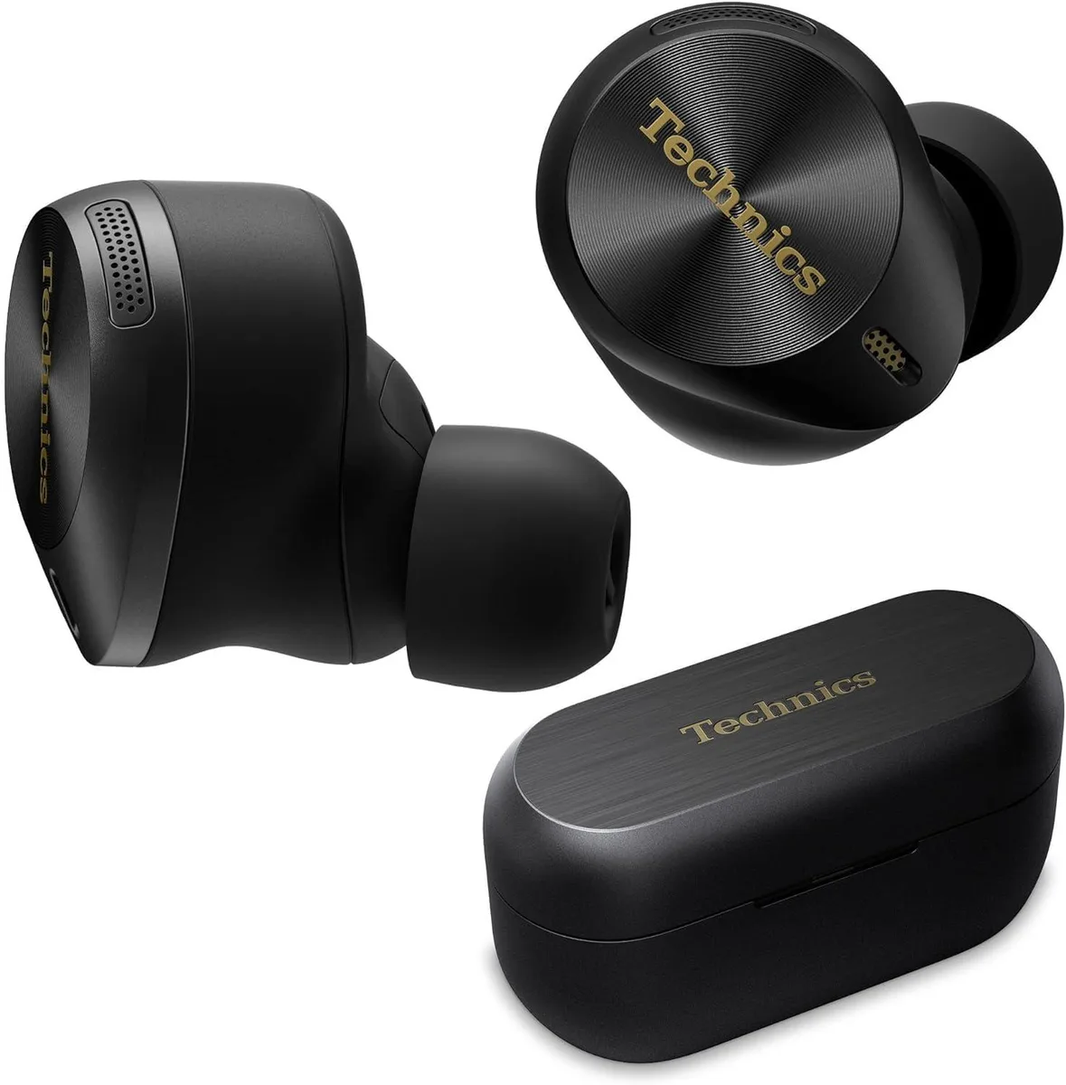Black true wireless earbuds with charging case