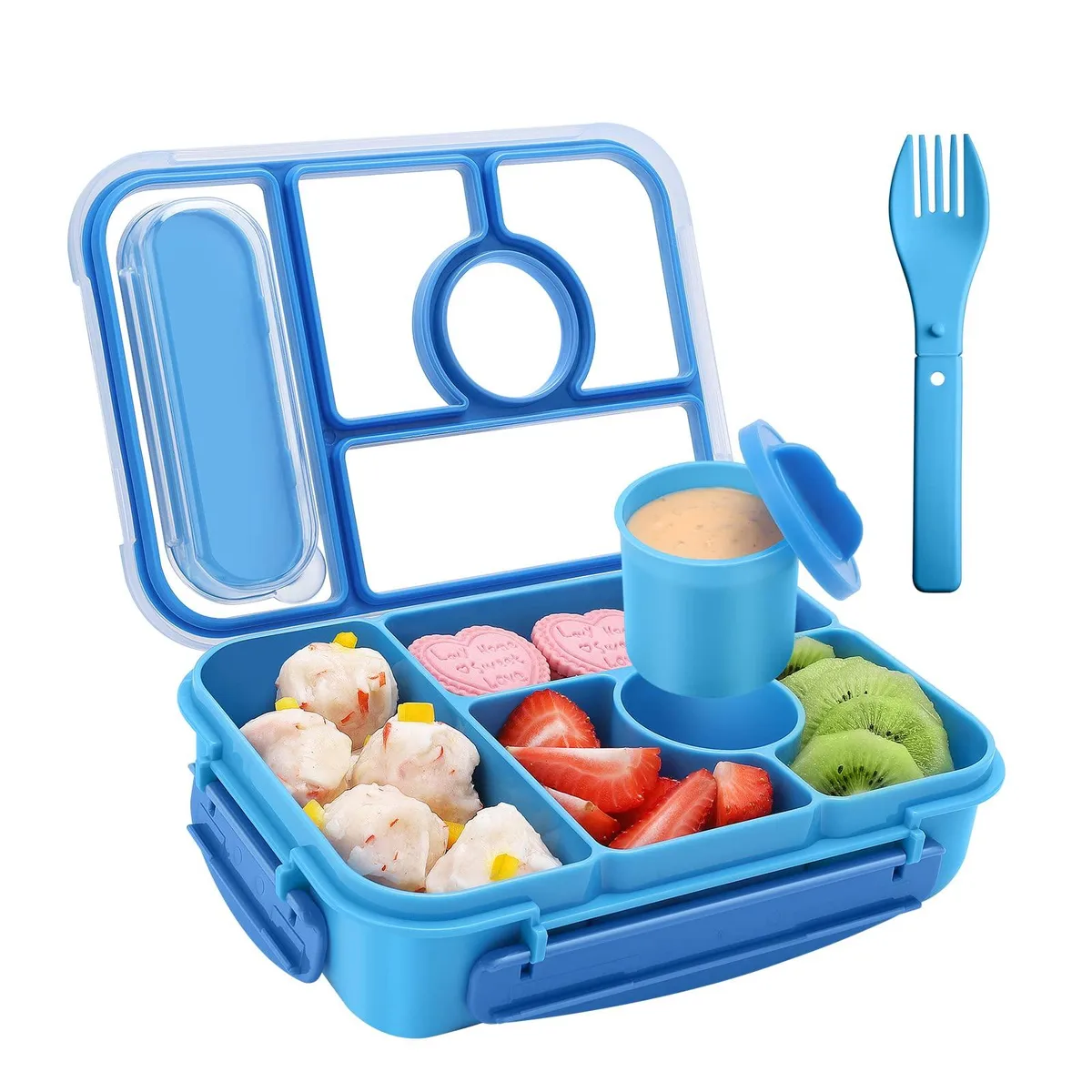 Beige rectangular bento lunch box with five compartments and utensil, solid finish