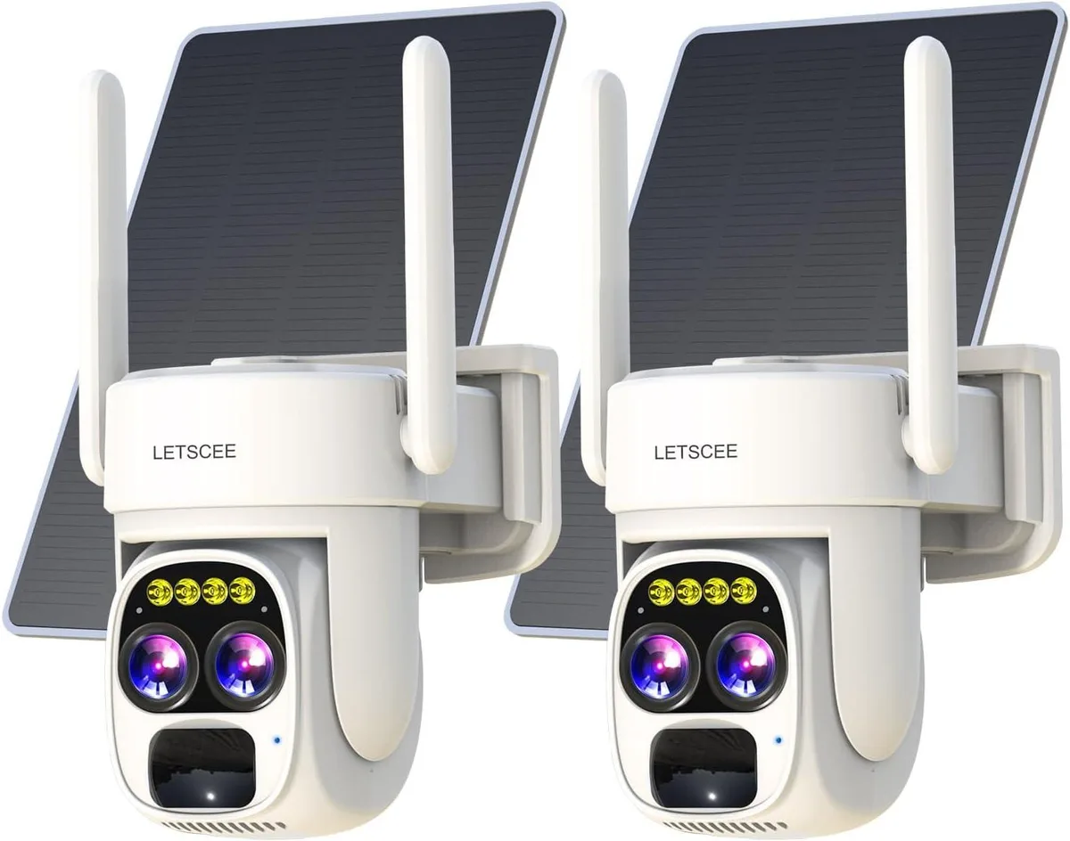 White outdoor PTZ camera with solar panel, wireless, 355° rotation
