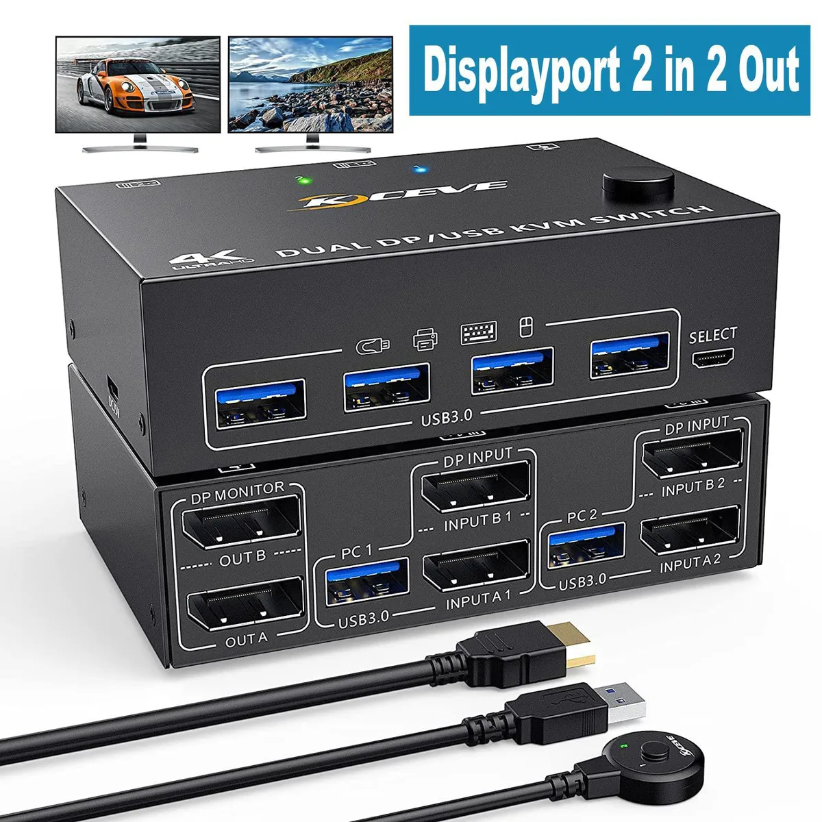 WRIARICH WRIARICH 2 Port Dual Monitor DisplayPort KVM Switch 8K 30Hz 4K 60Hz 4 USB 3.0 — product photo