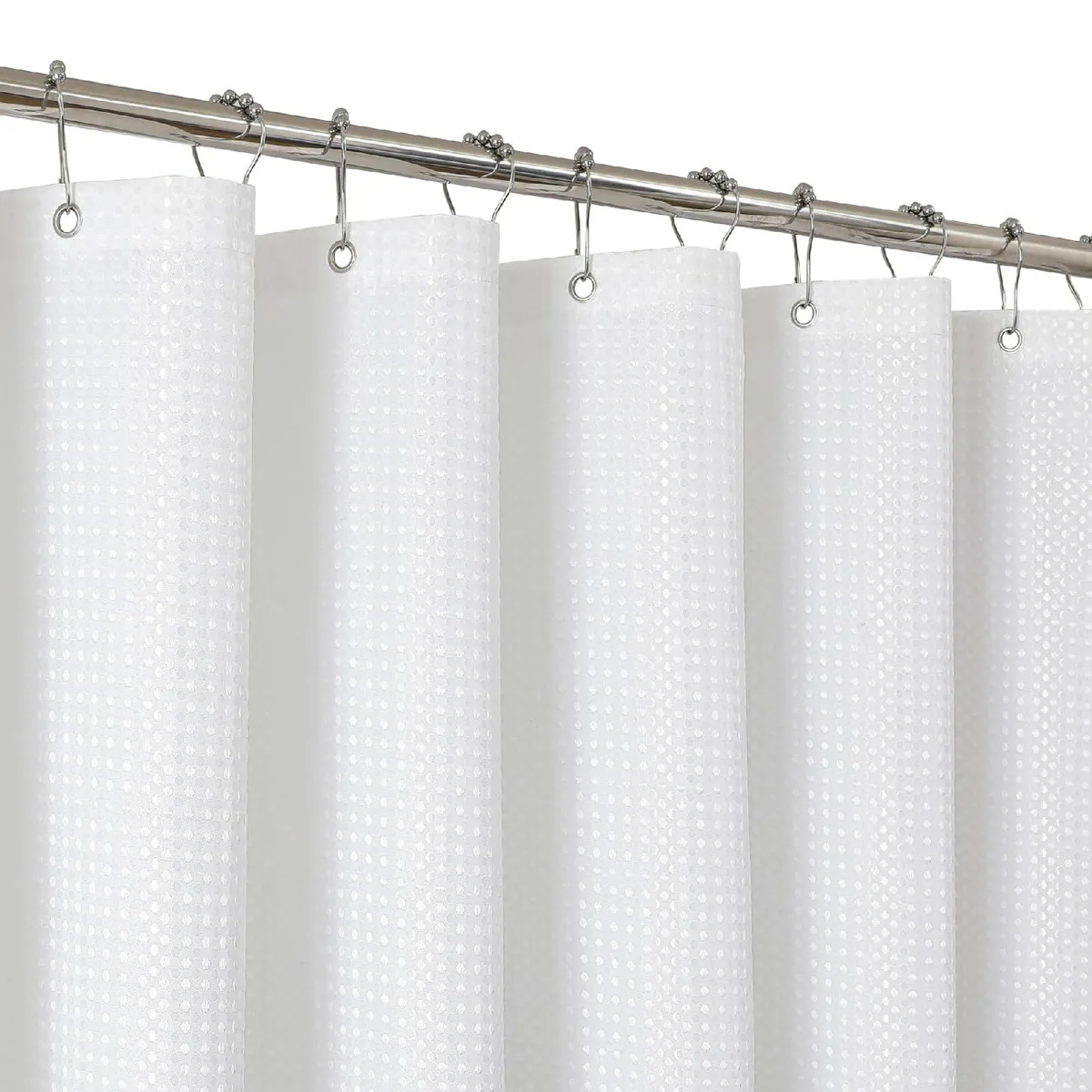 White polyester shower curtain with waffle weave texture and metal grommets