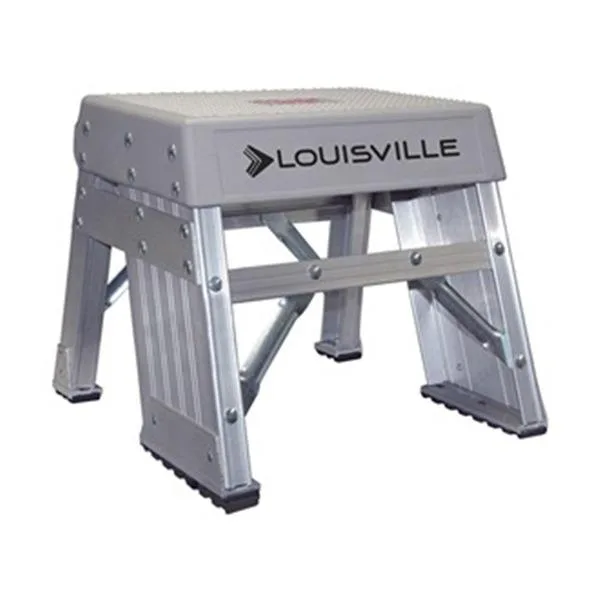 Silver three-step aluminum ladder with wide steps and gusset bracing