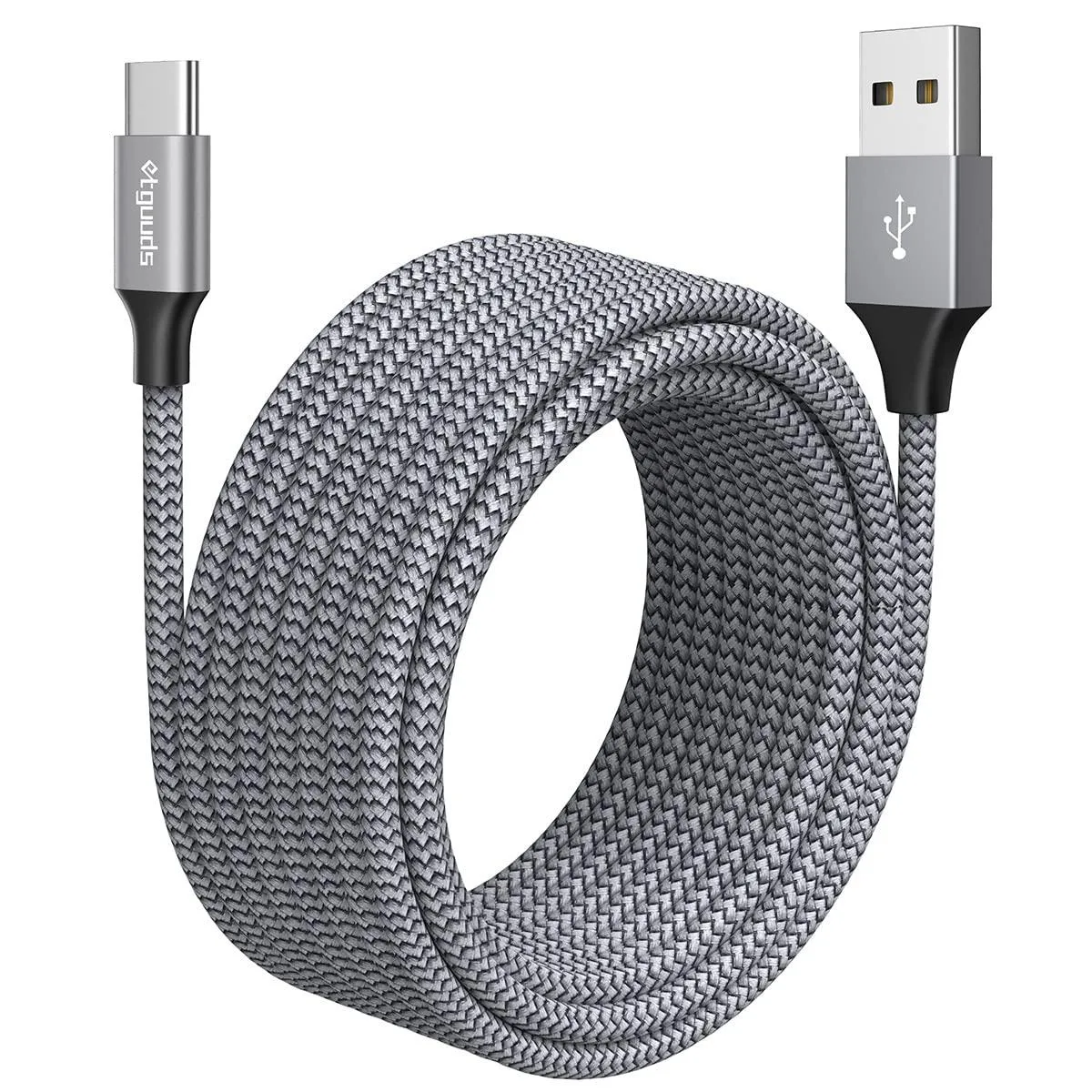 Gray nylon-braided USB-A to USB-C cable, 20 feet long, male-to-male connectors