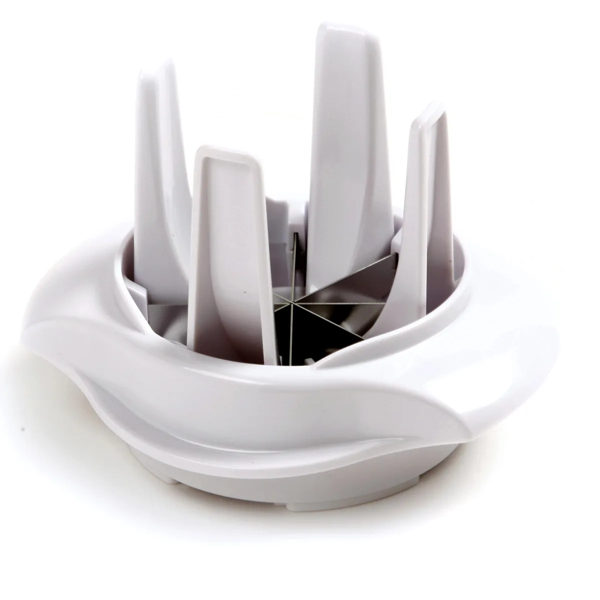 White plastic citrus slicer with stainless steel blades, rectangular shape, compact size