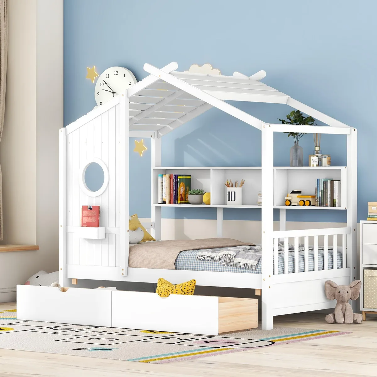 White wooden twin house bed with roof frame two drawers and back shelf