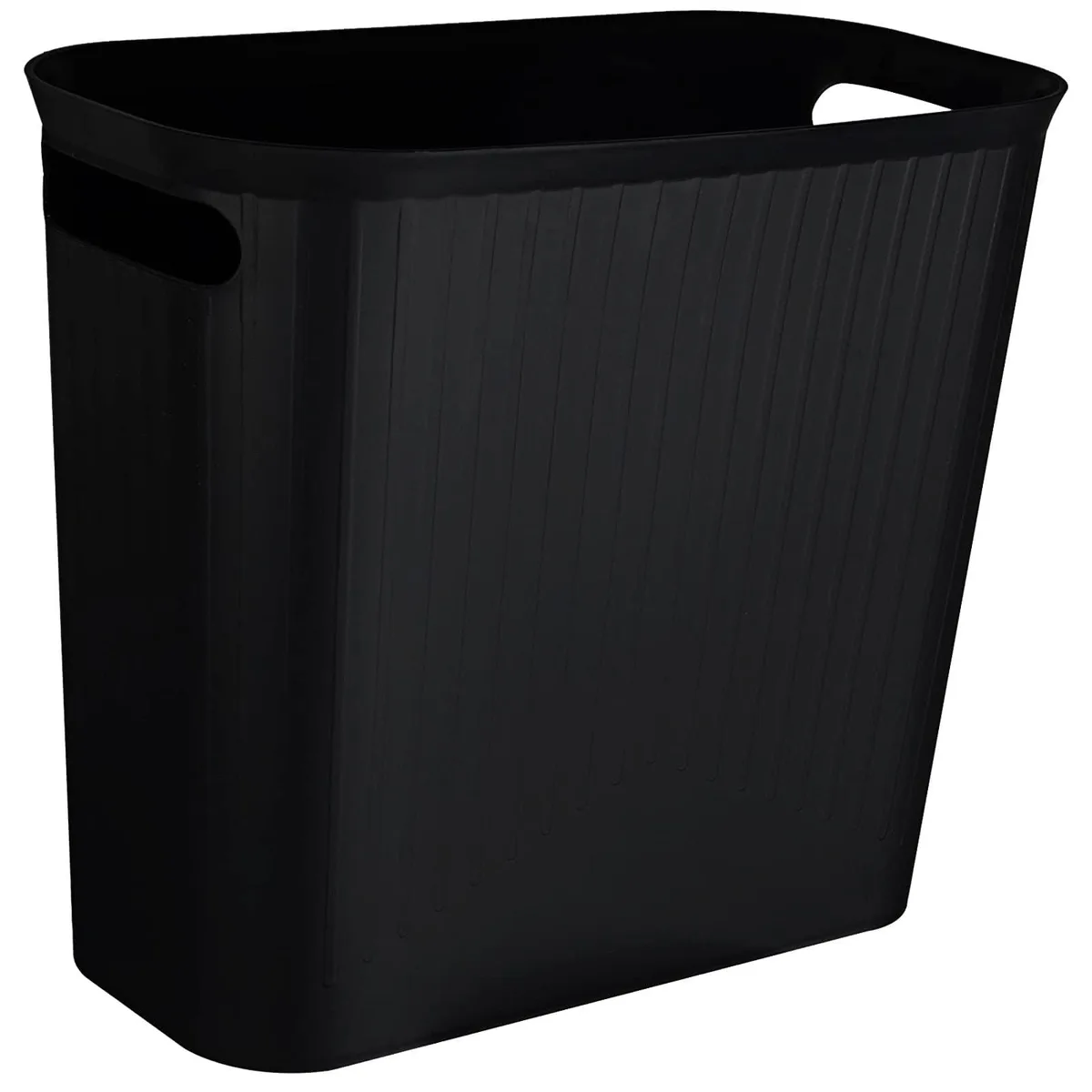 Twelve black slim plastic bins, rectangular with frosted finish and recessed handles