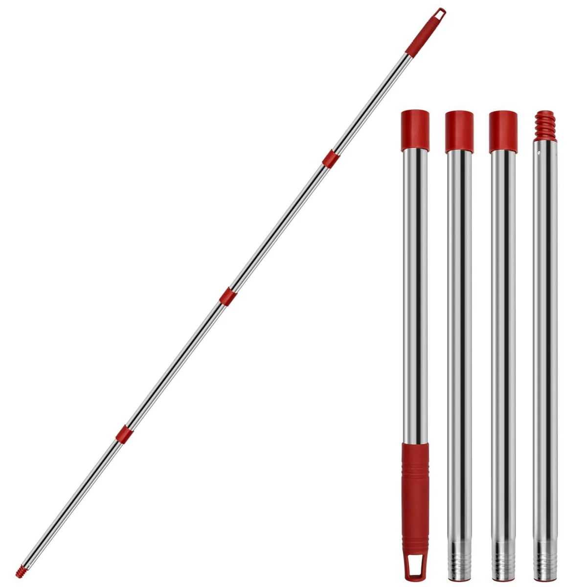 Four-section stainless steel mop handle extends from 32 to 58 inches