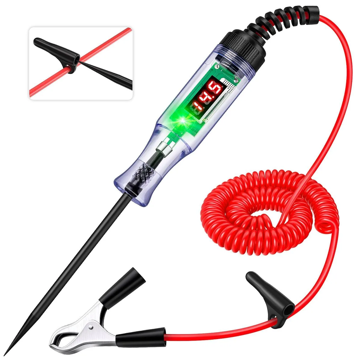 Yellow handheld tester with digital LED screen and long coiled wire