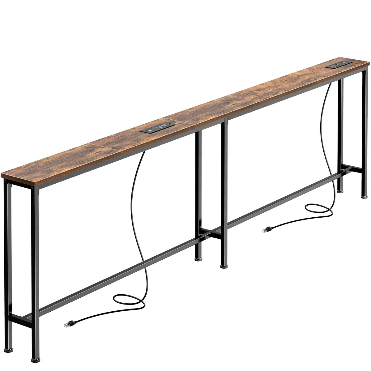 Rustic brown console table, 79 inches long, 5.9 inches deep, with power strips