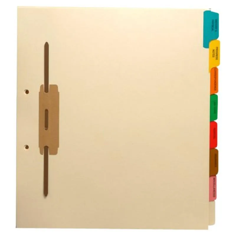Twenty sets of eight side-tab dividers with side fasteners in assorted colours on manila stock