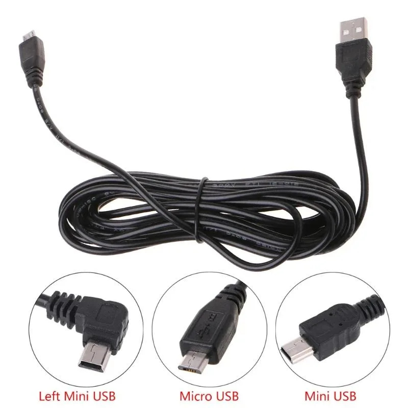 Black 3.5m Mini USB power cable with Micro USB and USB A connectors, 3.5mm diameter PVC jacket