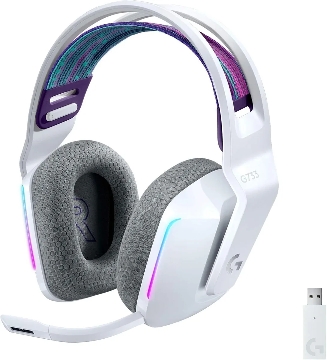 White over-ear wireless headset with headband and boom microphone