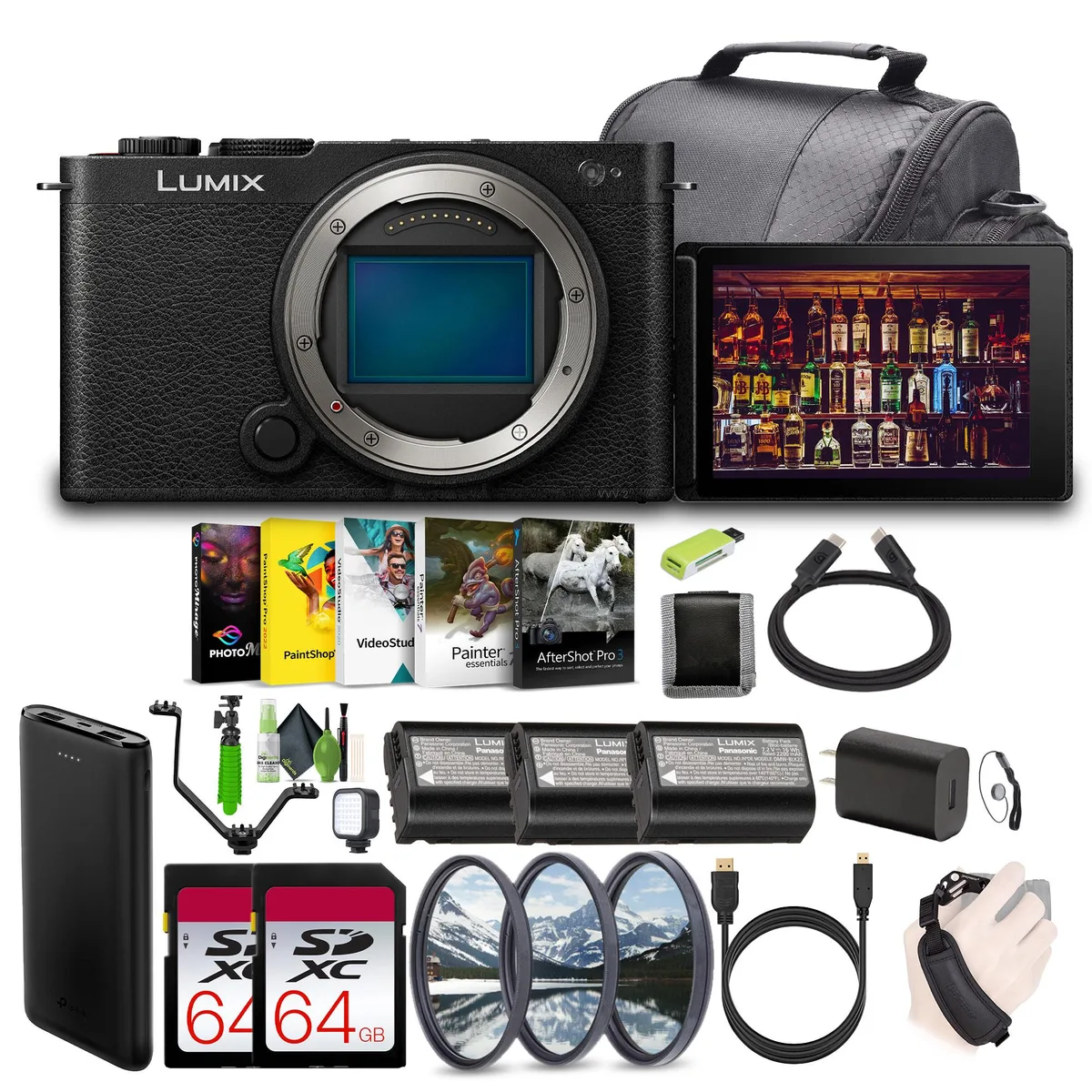 Panasonic Lumix S9 mirrorless camera body in black with two memory cards